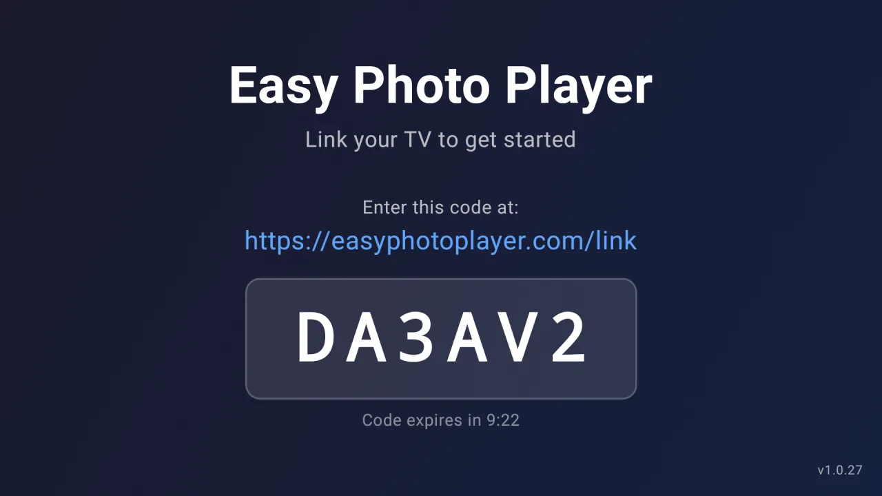 The linking screen showing the six-character code to enter at easyphotoplayer.com/link