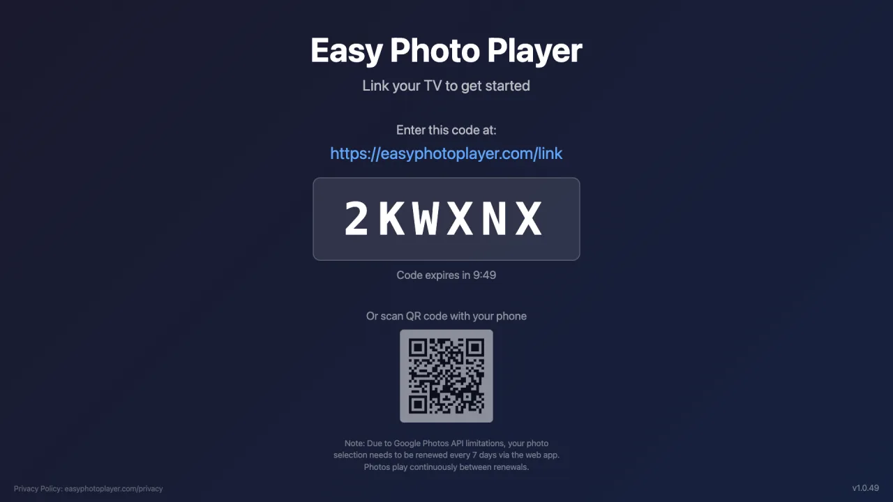 La schermata di collegamento con il codice di sei caratteri da inserire su easyphotoplayer.com/link