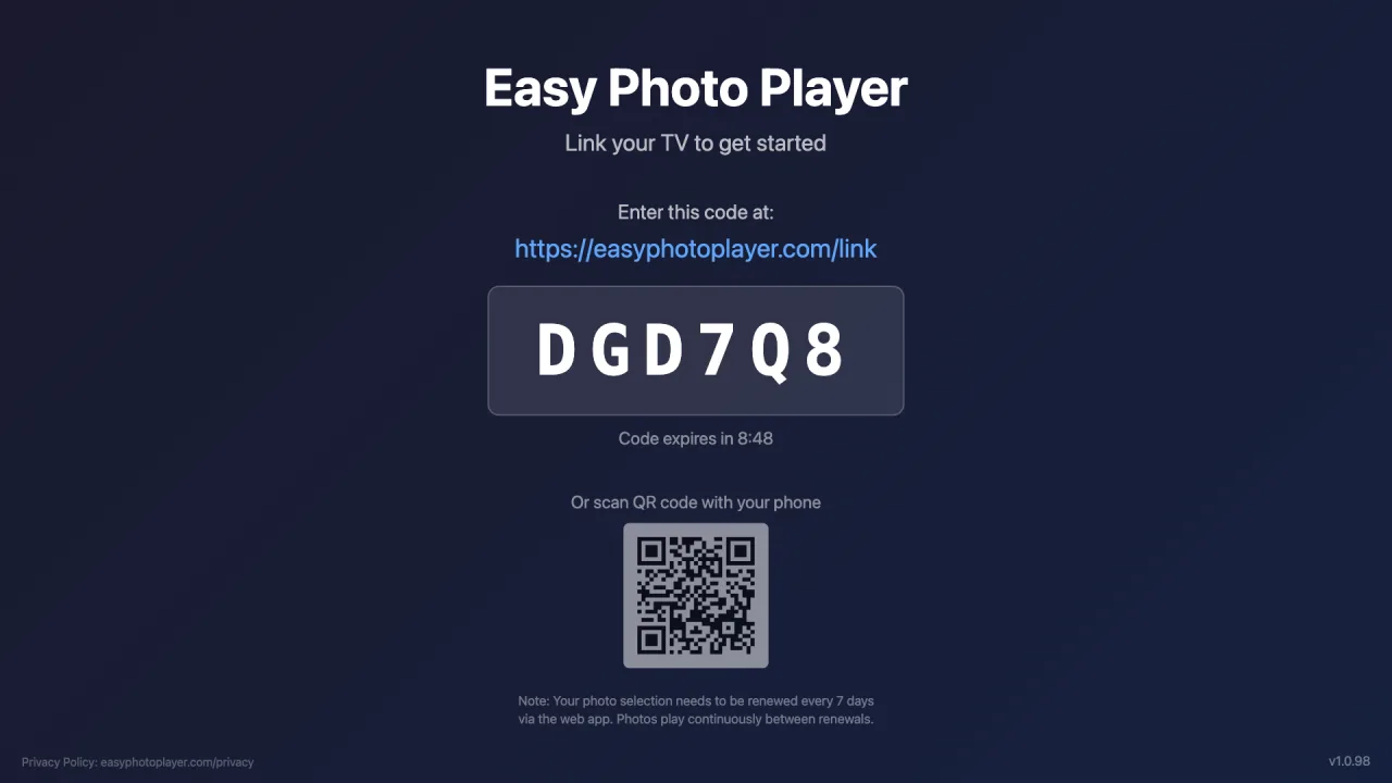 شاشة الربط وعليها الرمز المكوّن من ستة أحرف لإدخاله في easyphotoplayer.com/link