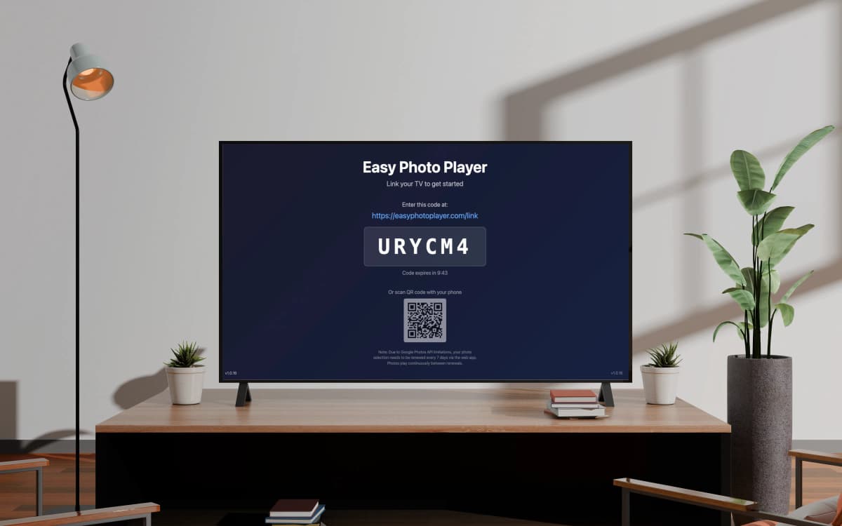 Pantalla de vinculación con código y QR para conectar Easy Photo Player